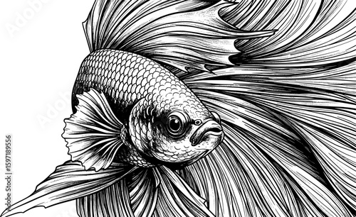 A detailed, black and white line art illustration of a beautiful betta fighting fish with flowing fins.