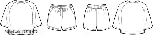 CAD drawing flat vector illustration of women’s casual crop top and drawstring shorts set, front and back technical fashion sketch