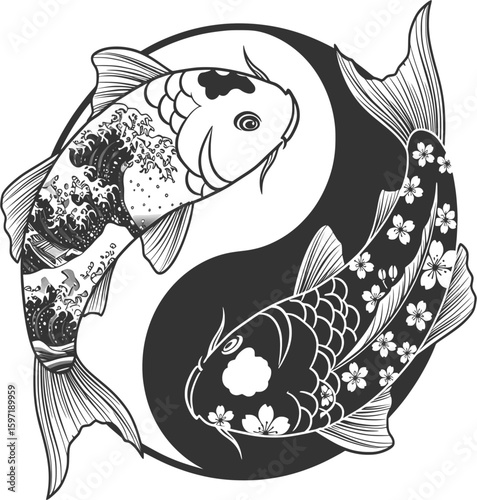 An illustration of a yin and yang symbol made of two detailed, black and white koi fish.