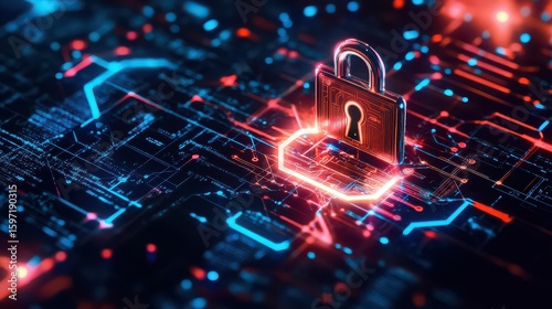A digital padlock on a circuit board illuminated with red and blue lights for cyber security concept