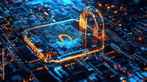 Glowing digital padlock on a circuit board representing cybersecurity and data protection technology