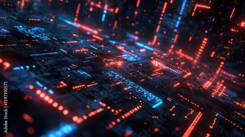 Abstract technology landscape with glowing red and blue lights in a dark environment