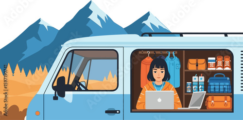 Woman working remotely from a campervan trip