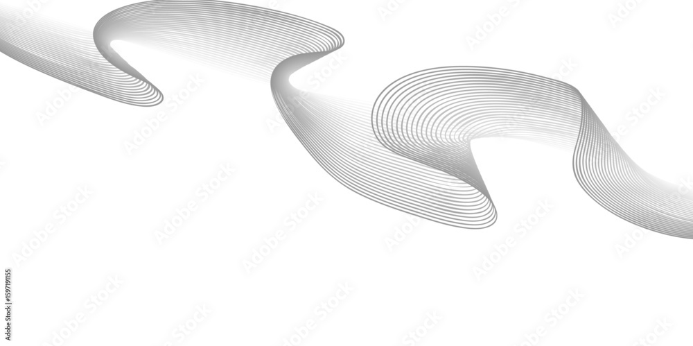Obraz premium Futuristic Grey Toned Abstract Background Featuring Smooth Wavy Lines, Digital Sound Frequency Tracks, and Twisted Waveform Elements for Tech-Themed Visual Designs