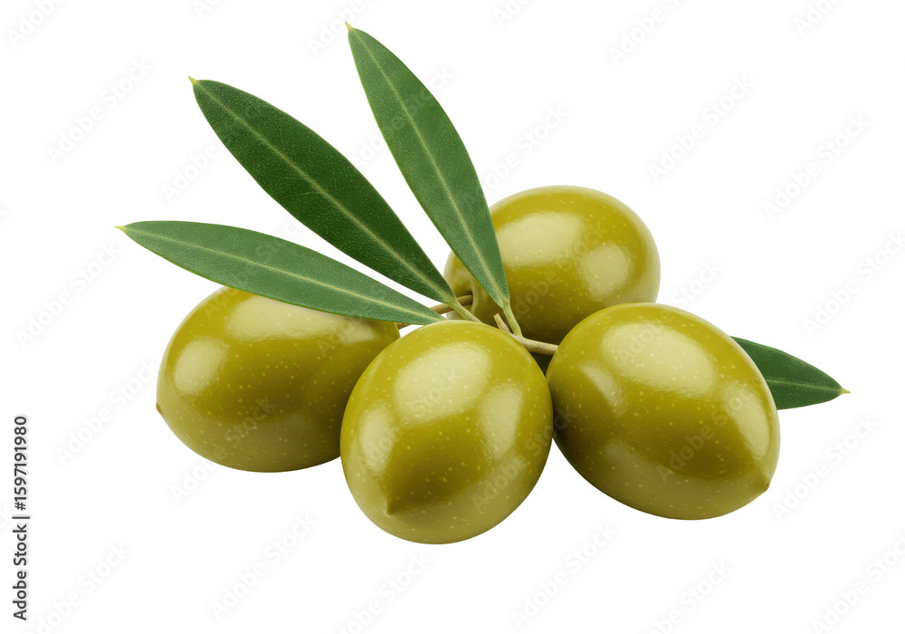 Fresh green olives with leaves arranged on a white background, ideal for culinary use Fresh green olives with leaves arranged on a white background, ideal for culinary use