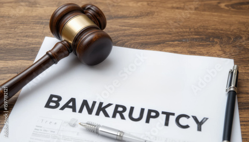 A judge's gavel rests on a bankruptcy document, alongside a pen.  The image suggests legal proceedings and financial hardship.