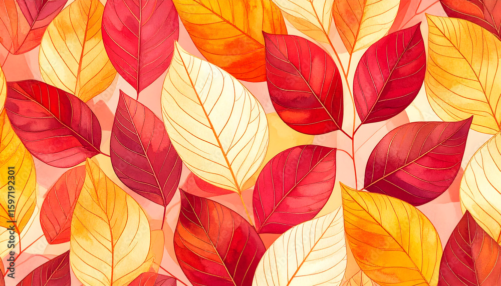Obraz premium Watercolor Autumn Leaves Pattern: Red, Orange, and Yellow Foliage Background