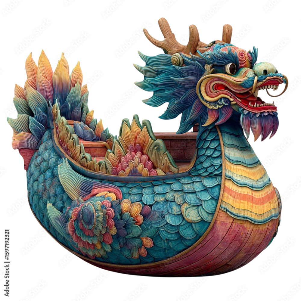 Obraz premium Colorful dragon boat ornament with intricate details isolated on transparent background