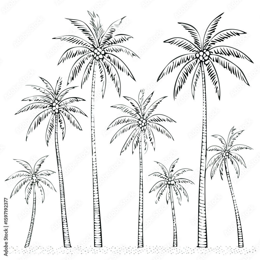 Fototapeta premium Black and white line drawing of multiple coconut palm trees on sand tropical beach