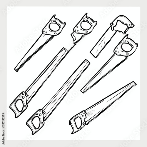 Black and white line drawings of carpentry hand saws on a white background woodworking