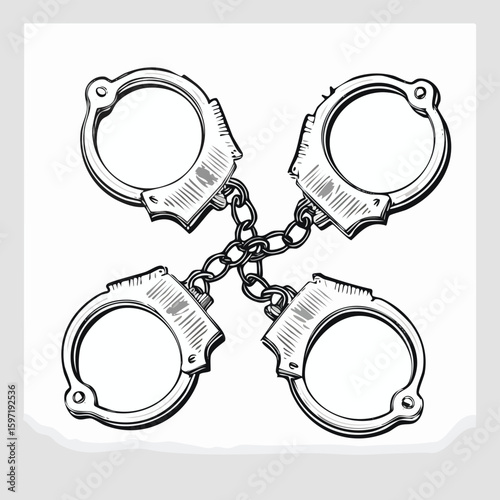 Four Handcuffs Linked Together in a Square Pattern Black and White Line Art chain metal