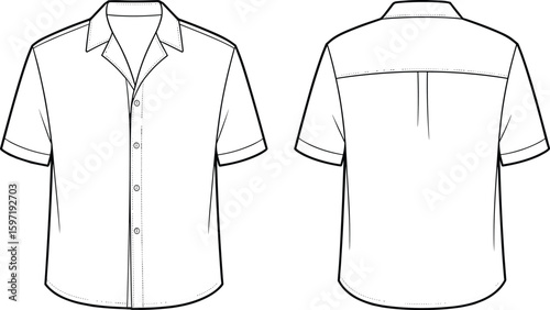 Short sleeve open collar shirt flat sketch, CAD vector illustration, technical fashion template, apparel design drawing for industry