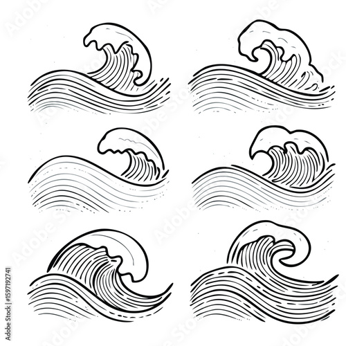 Six Black and White Line Drawings of Ocean Waves in Various Styles water surf