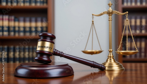 A judge's gavel inscribed 'Bankruptcy' rests beside scales of justice on a wooden table, set against a blurred backdrop of law books.  The scene symbolizes legal proceedings and debt resolution.