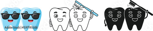 Cute cartoon teeth dental care oral hygiene illustration vector design for kids dentist and orthodontics
