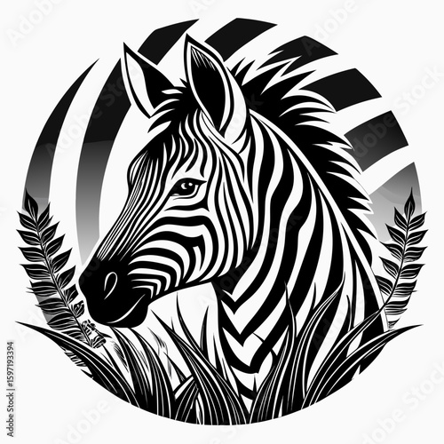 Monochrome zebra portrait with stylized botanical elements in circular composition