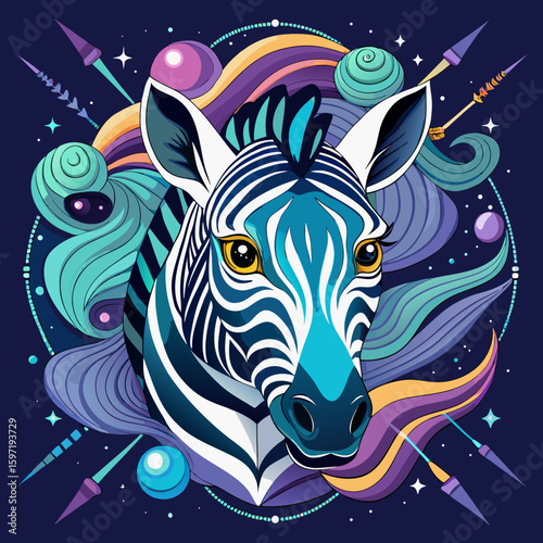Stylized zebra portrait with cosmic elements and vibrant colors in a modern design style