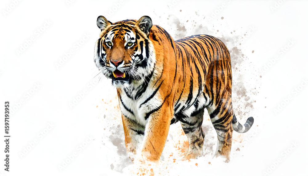 Fototapeta premium Watercolor Tiger Portrait: Striking Feline with Intense Gaze on White Background