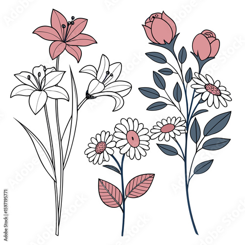 Collection of stylized flowers including lilies roses and daisies