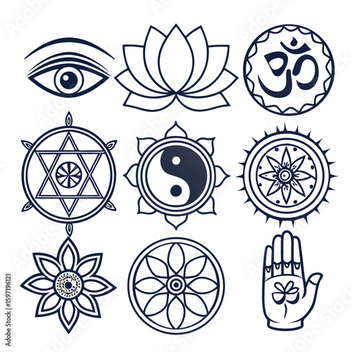 Collection of spiritual and religious symbols in dark blue outline