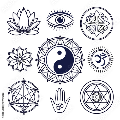 Collection of spiritual and mystical symbols in dark blue