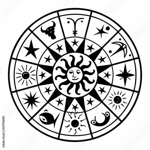Zodiac wheel with sun and stars in black and white