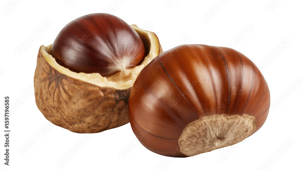 Obraz premium Two whole hazelnuts one partially shelled isolated on transparent background