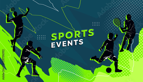 A dynamic sports event poster featuring silhouettes of athletes playing various games like basketball, tennis, and soccer with vibrant green and blue abstract backgrounds. Energetic and modern design.