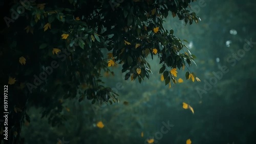 Cinematic Slow Motion of Golden Autumn Leaves Falling During a Moody Rainstorm