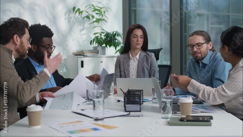 Sad unhappy Caucasian leader business woman angry group diverse workers argue shouting scream in office Indian African American women men quarrel paperwork problem businesspeople discussing conflict