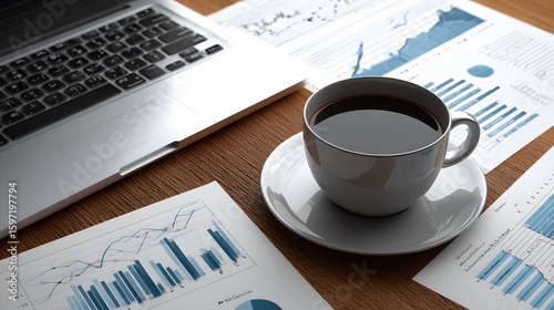 Business trend charts surrounding a laptop and coffee cup