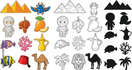 Egyptian themed cartoon elements including pyramids mummy scarab beetle camel and tropical items clipart