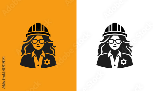 Female construction worker icon with hard hat and safety vest