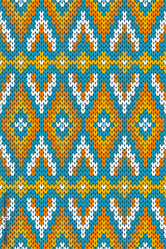 Colorful knitted pattern with vivid blue, orange, yellow, and white diamond and arrow shapes. Perfect for cozy textiles, traditional crafts, winter designs, and handmade-inspired creative projects.