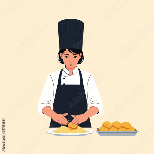 Chef Preparing Dough in Kitchen with Freshly Baked Buns