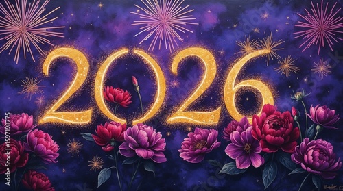 Vibrant 2026 celebration with fireworks and flowers on dark background  