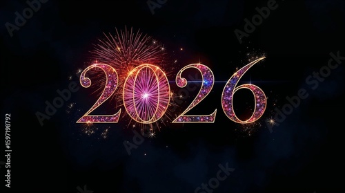 Fireworks display with vibrant numbers 2026 against dark background  