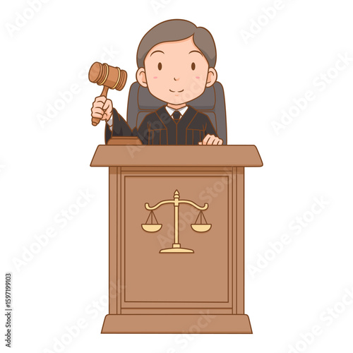 Cartoon Judge with Gavel at Court Podium.