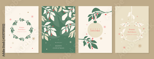 Christmas and Happy holiday greeting card vector set. Elegant wallpaper with leaves, bauble, snowflake, wreath. Holidays design illustration for cover, print, poster, Happy New Year, ads.