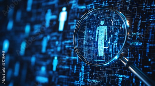 Magnifying Glass Focuses on Digital Human Figure, Blue Technology Background