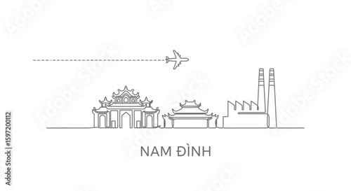 Nam Dinh with Vietnam Plane over skyline line art.