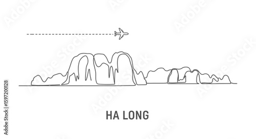 Ha Long Bay with Vietnam Airplane Line Art.