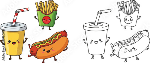 Cute fast food cartoon illustration: hot dog, french fries, and drink for kids coloring page vector art