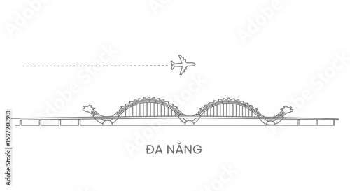 Da Nang Dragon Bridge with plane flyover, and white background.