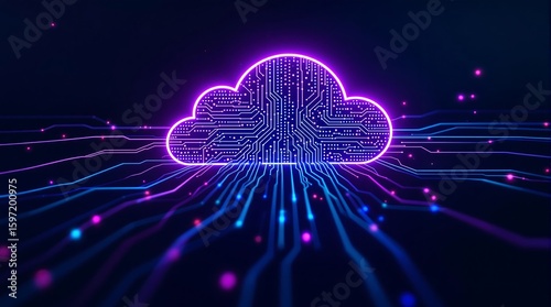 Glowing cloud with circuit board pattern and data streams on a dark blue and purple background