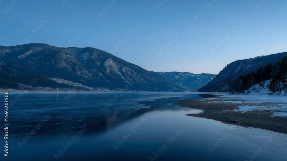 Obraz premium Frozen Lake Mountain Dusk: Cold Winter Scenery Landscape