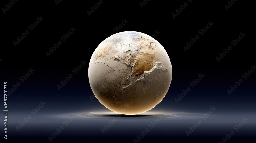 Fototapeta premium A dreamy 3D render of a cracked desert terrain planet with soft glowing surface textures, surrounded by dust storms in orbit . Set against a deep black space background, the scene features subtle