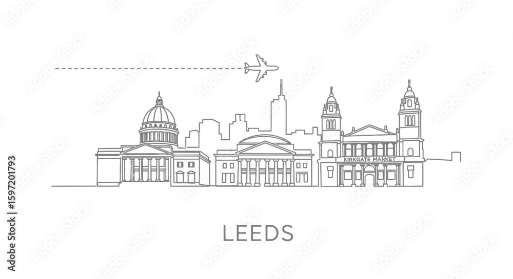 Obraz premium Leeds Skyline Line Art with Airplane, and White Background.