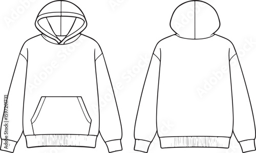 Front and back flat sketch of a unisex hooded sweatshirt