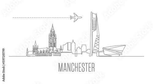 Manchester Skyline with Line Art, Plane, and Cityscape.